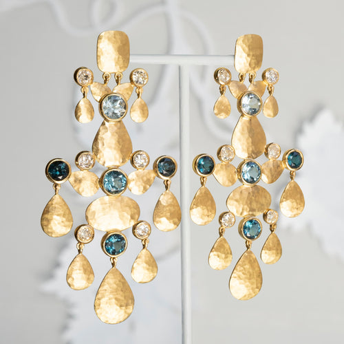 Coralie van Caloen Luxury Fine Jewellery Brussels - Chandelier Earrings, Cabochon, Aquamarines, Topaz, Diamonds