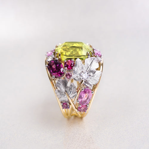 Coralie van Caloen Luxury Fine Jewellery Brussels - Cordes Ring, Green Tourmaline, Diamonds, Pink Sapphires, Pink Tourmalines, Rhodolites