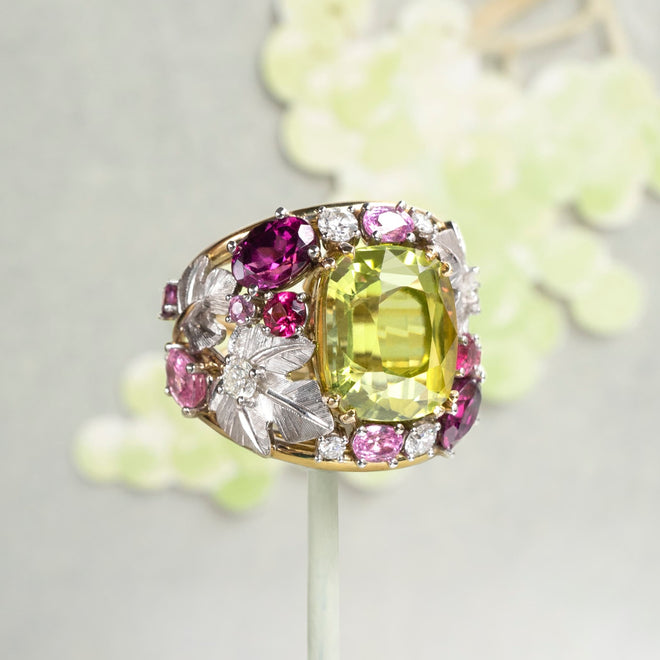 Coralie van Caloen Luxury Fine Jewellery Brussels - Cordes Ring, Green Tourmaline, Diamonds, Pink Sapphires, Pink Tourmalines, Rhodolites