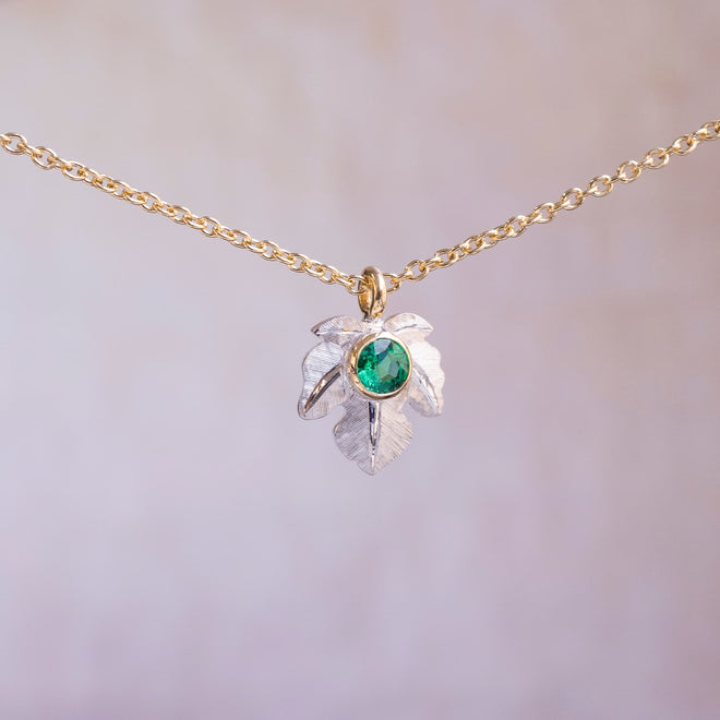 Leaf Pendant and chain, Emerald