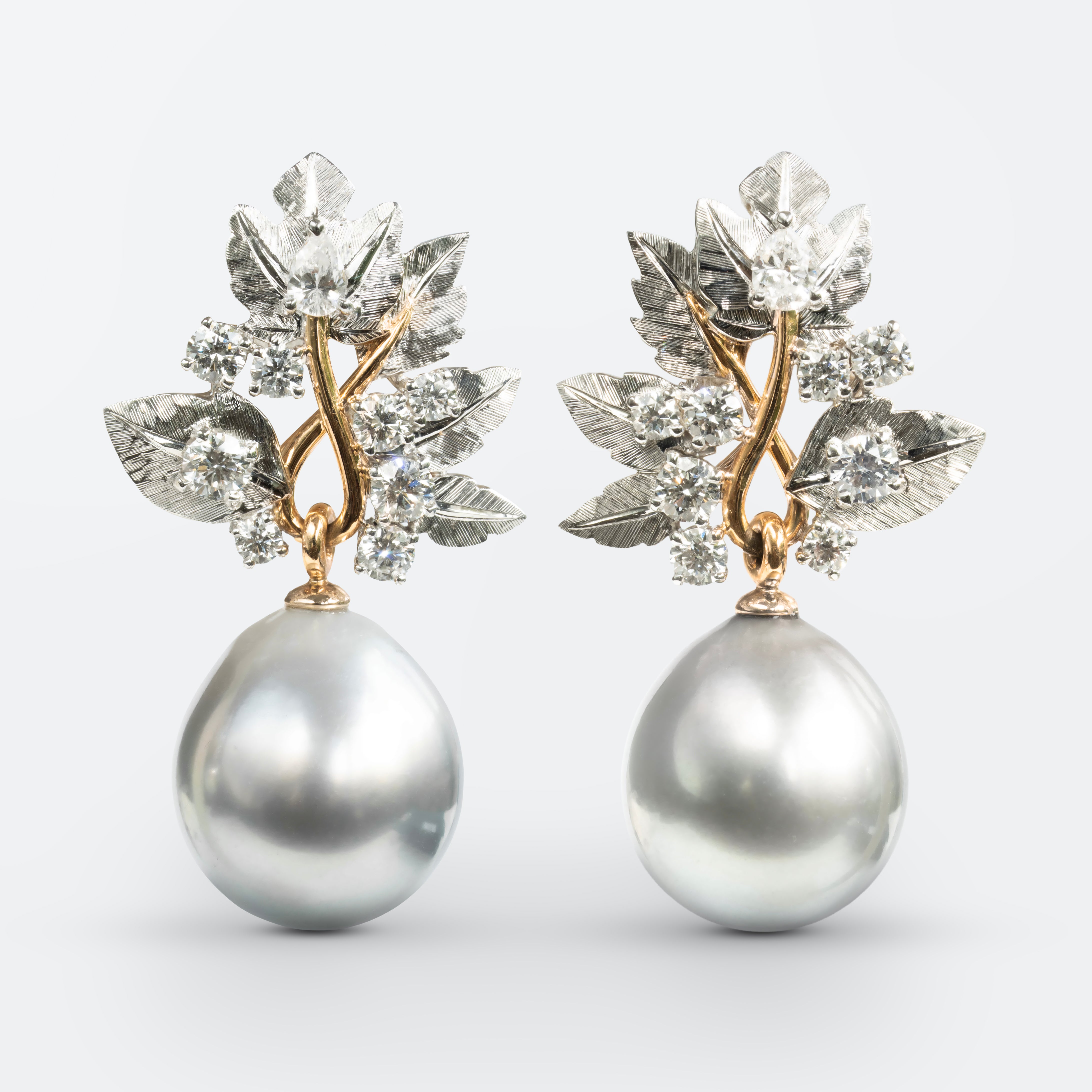 Garden Earrings, Diamonds and Grey Pearls