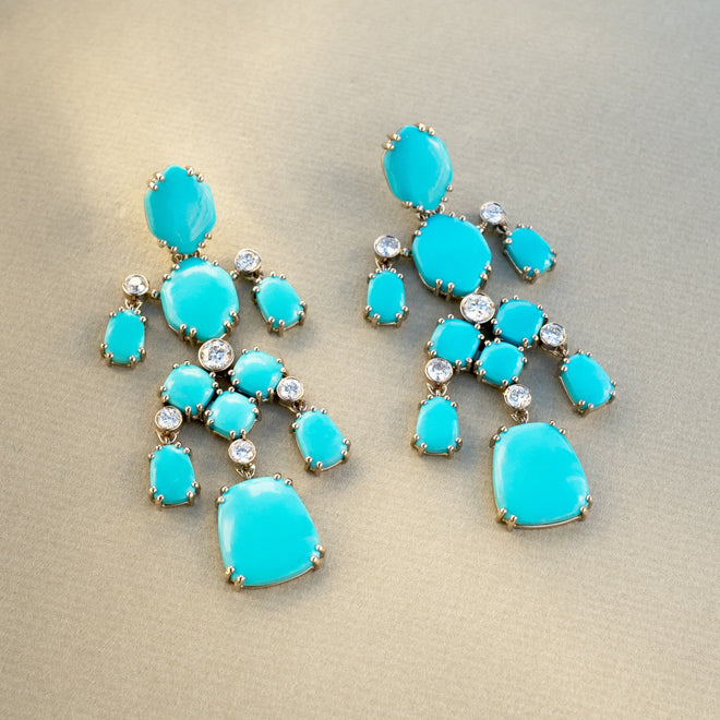 Chandelier Earrings, Turquoises, Diamonds