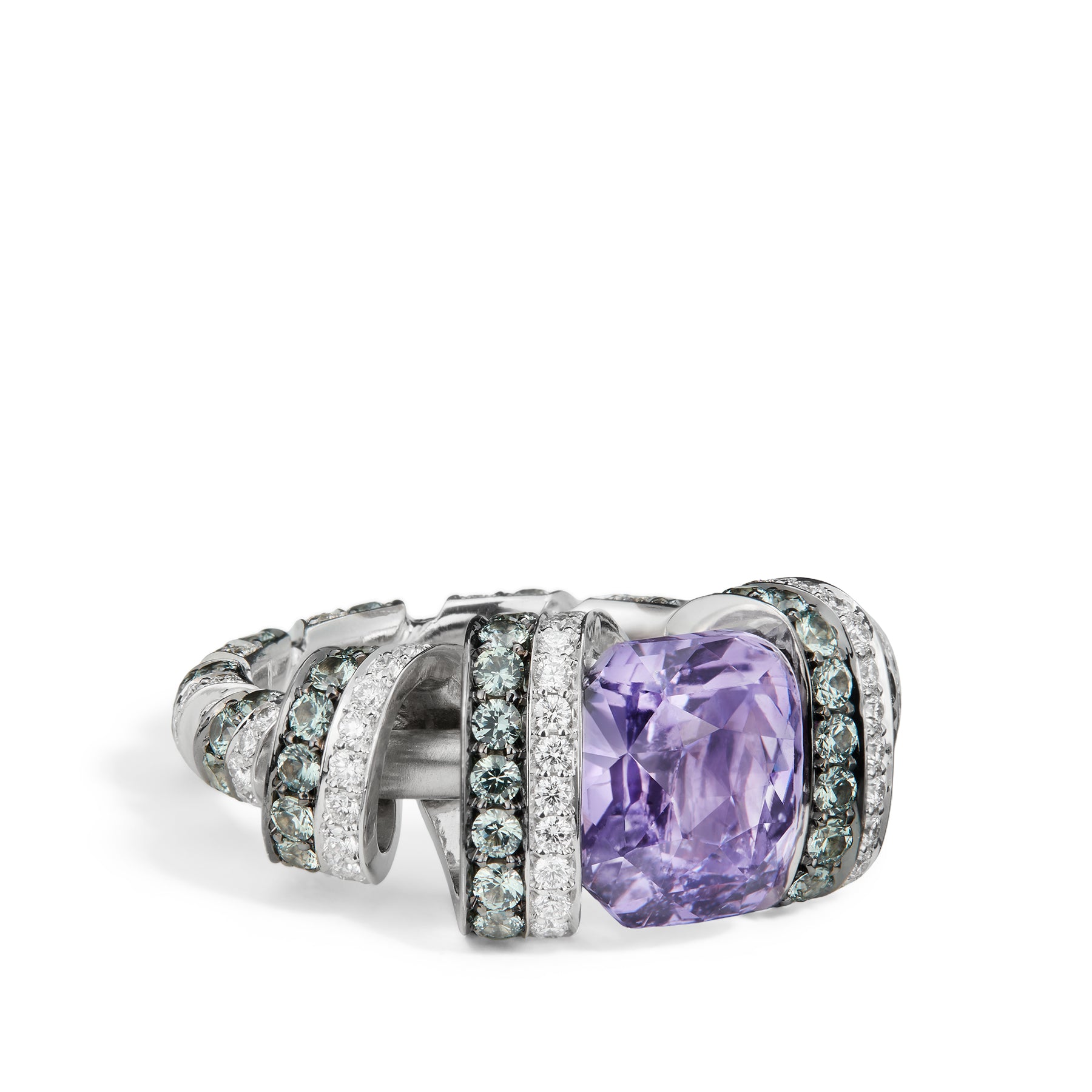Ribbon Ring, Lilac Sapphire, Grey Sapphires, Diamonds