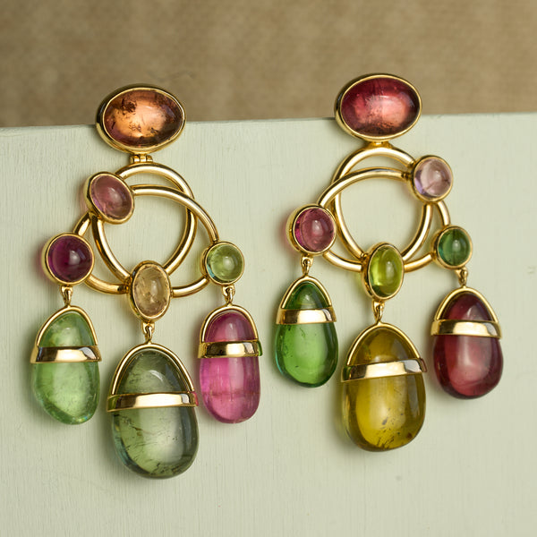 Chandelier Earrings, Tourmalines Cabochons